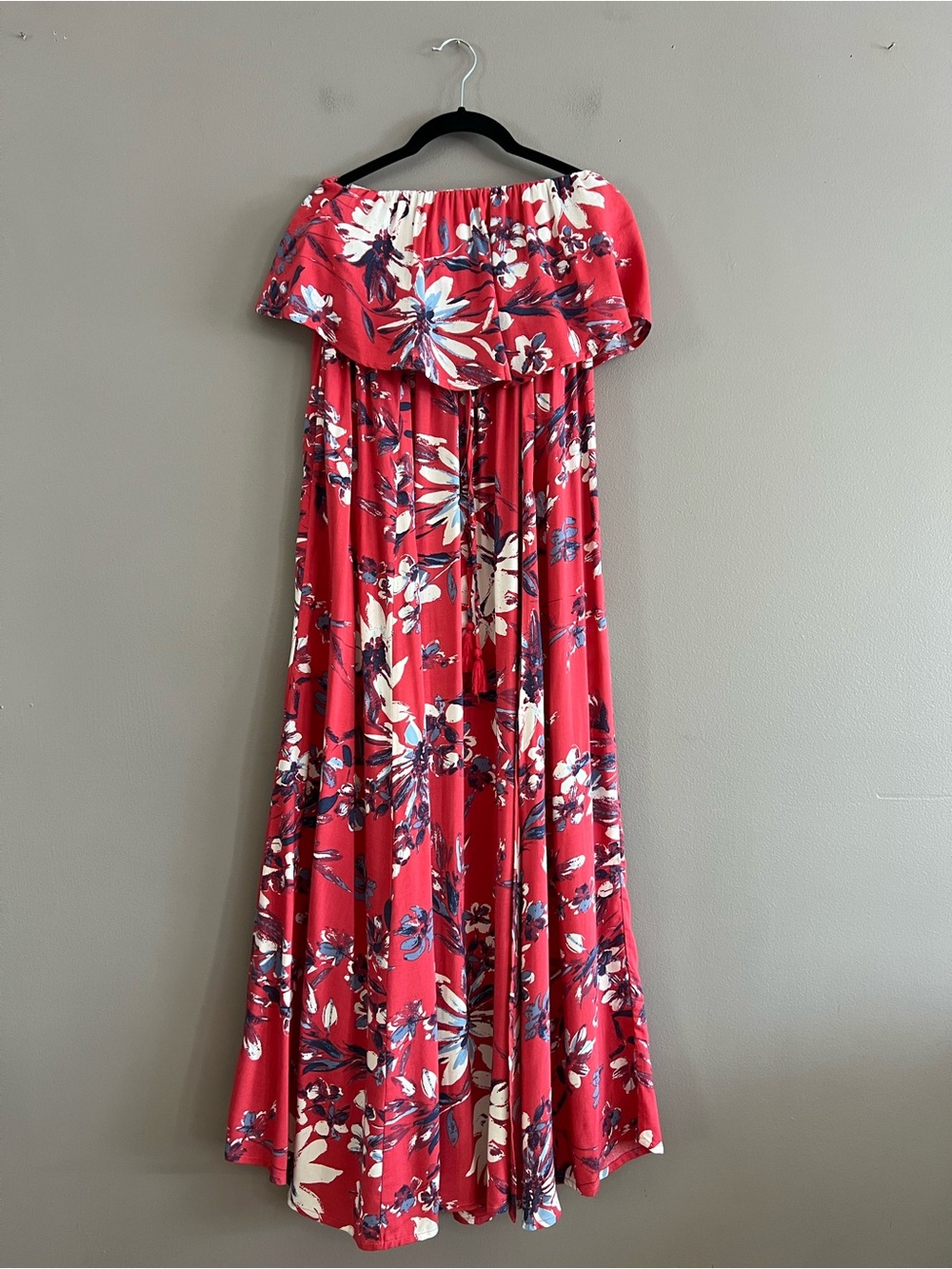 Off-Shoulder Red Floral Maxi Dress
